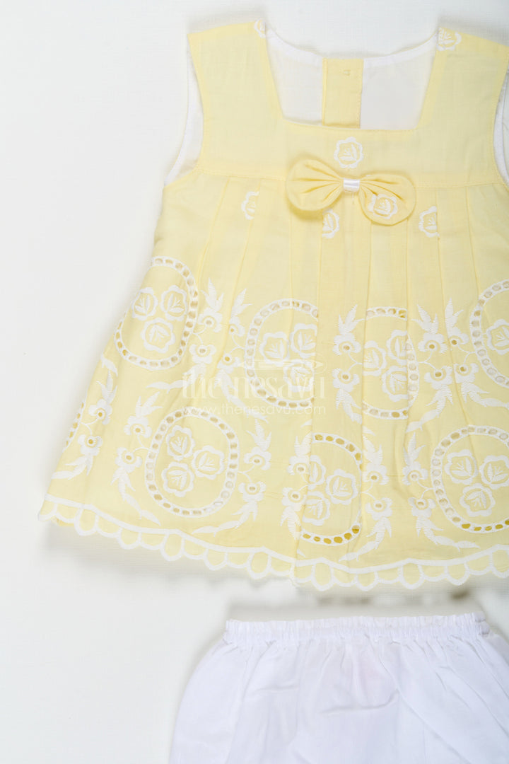 The Nesavu Baby Cotton Frocks Ethnic Frock Suit for Baby Girls in Lemon Yellow Cotton with White Hakoba Embroidery Nesavu Ethnic Frock Suit Baby Girls Yellow Cotton White Hakoba Embroidery | The Nesavu