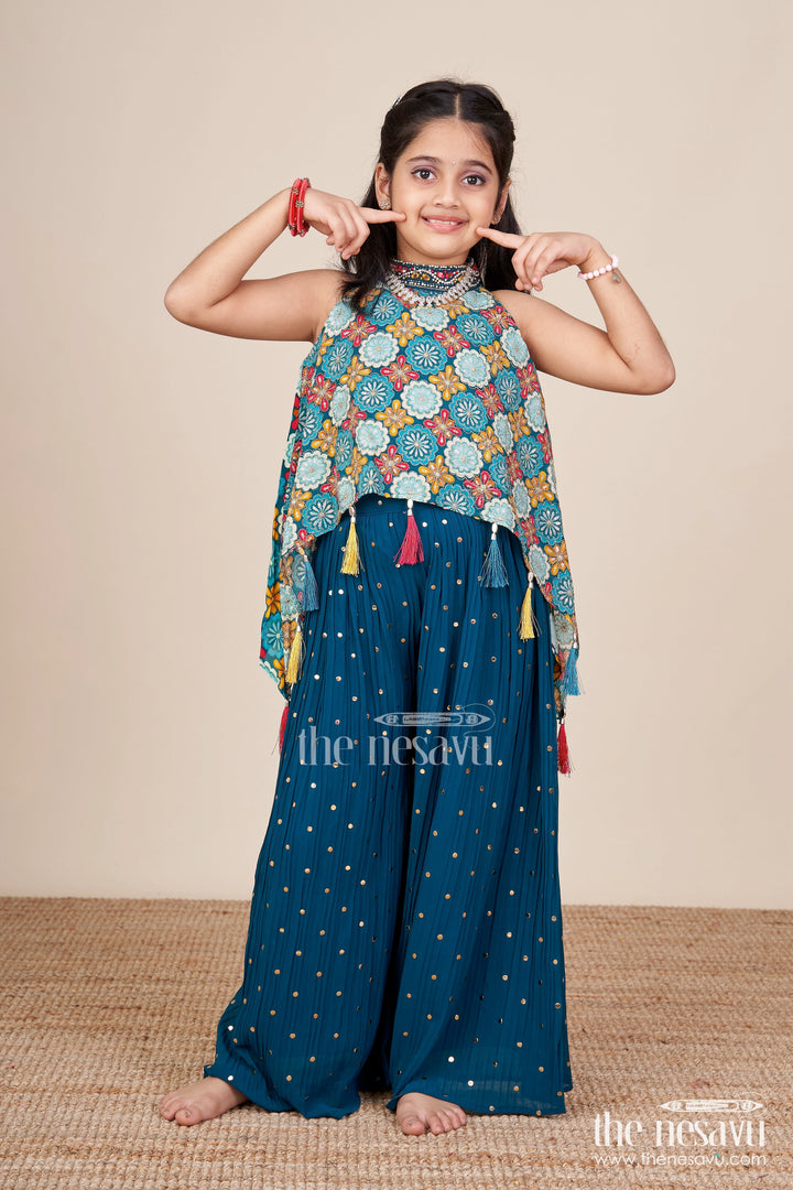 The Nesavu Girls Sharara / Plazo Set Ethnic Girls Sharara Set with Printed Cape Top and Mirror Accents Nesavu 24 (5Y) / Blue GPS872A-24 Nesavu girls ethnic sharara set digital print cape top mirror work