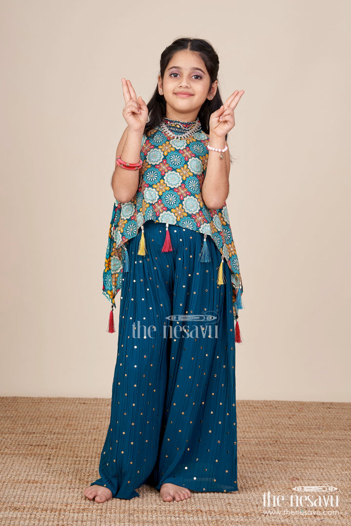 The Nesavu Girls Sharara / Plazo Set Ethnic Girls Sharara Set with Printed Cape Top and Mirror Accents Nesavu Nesavu girls ethnic sharara set digital print cape top mirror work