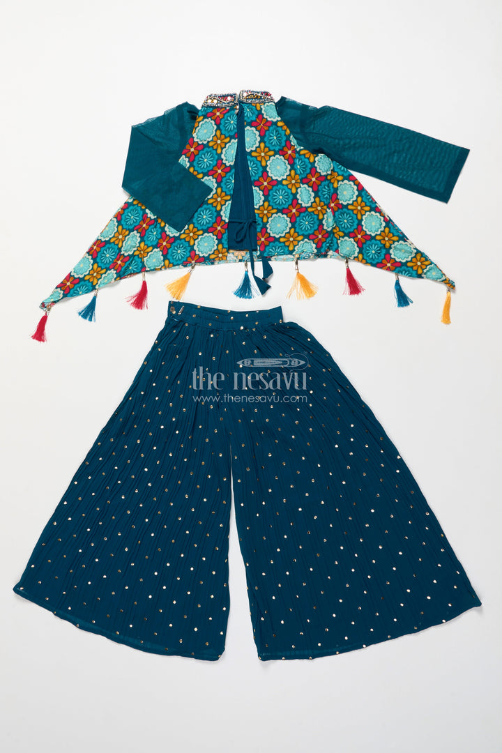 The Nesavu Girls Sharara / Plazo Set Ethnic Girls Sharara Set with Printed Cape Top and Mirror Accents Nesavu Nesavu girls ethnic sharara set digital print cape top mirror work