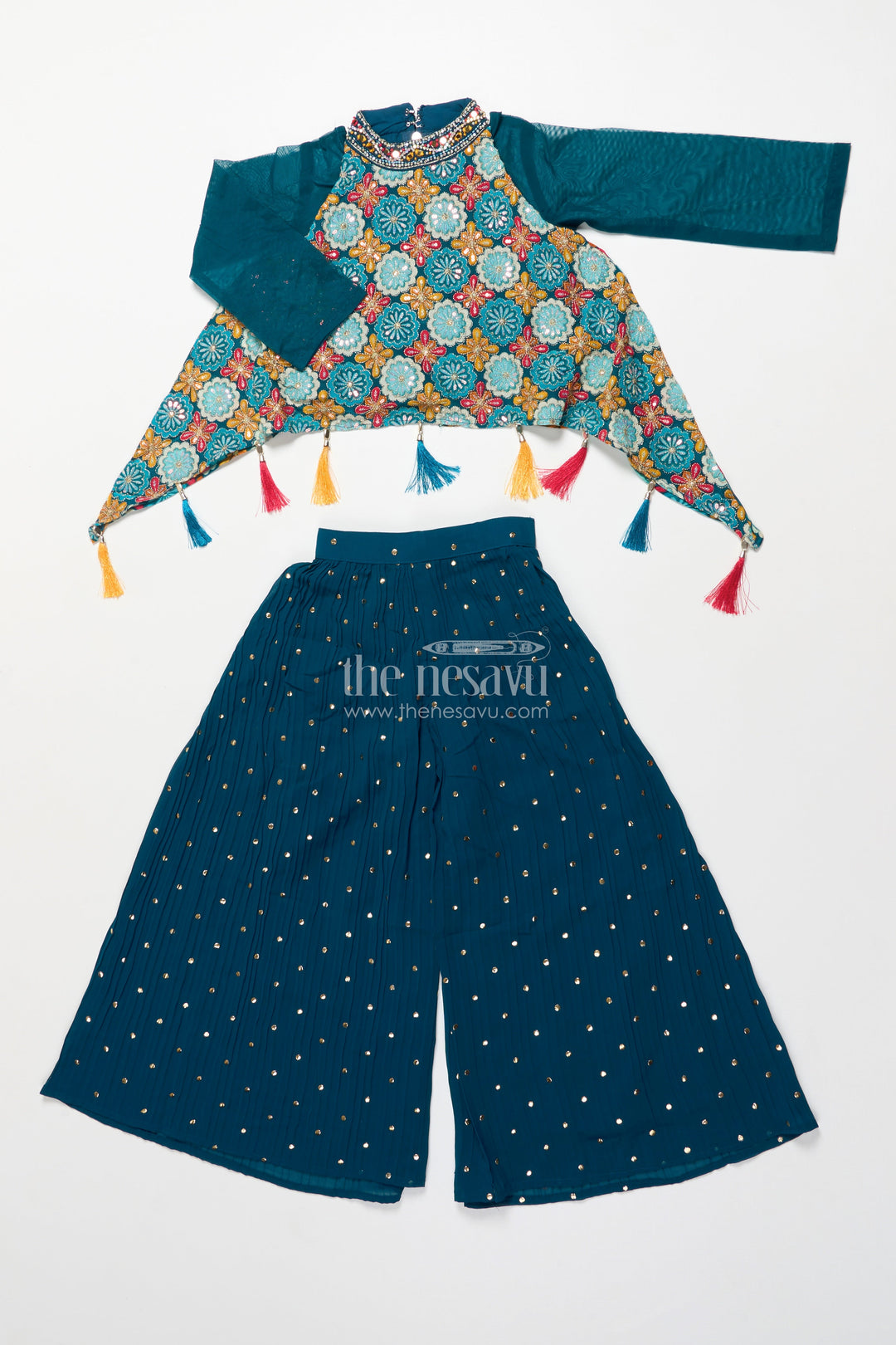 The Nesavu Girls Sharara / Plazo Set Ethnic Girls Sharara Set with Printed Cape Top and Mirror Accents Nesavu Nesavu girls ethnic sharara set digital print cape top mirror work
