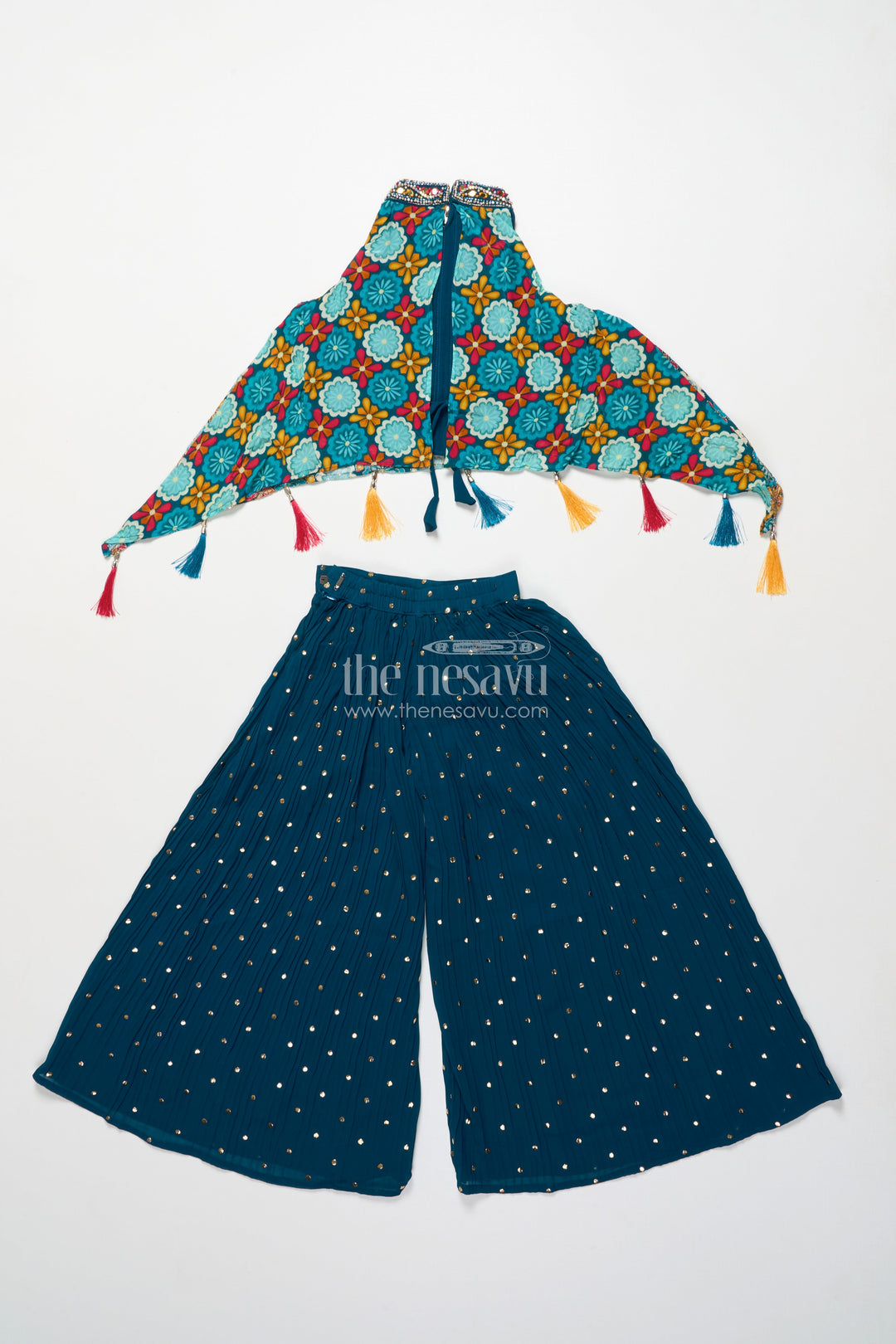 The Nesavu Girls Sharara / Plazo Set Ethnic Girls Sharara Set with Printed Cape Top and Mirror Accents Nesavu Nesavu girls ethnic sharara set digital print cape top mirror work