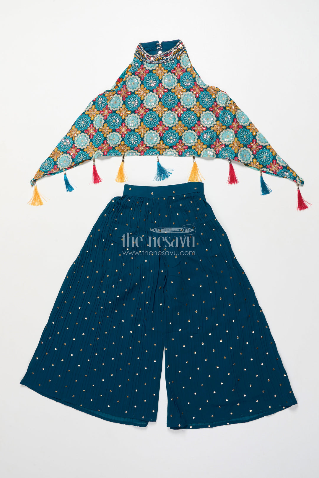 The Nesavu Girls Sharara / Plazo Set Ethnic Girls Sharara Set with Printed Cape Top and Mirror Accents Nesavu Nesavu girls ethnic sharara set digital print cape top mirror work
