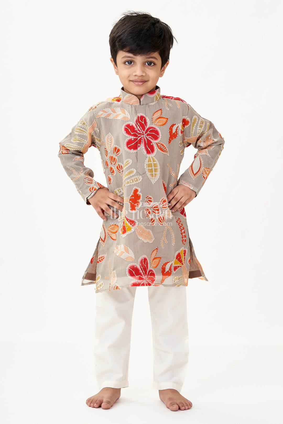 The Nesavu Boys Kurtha Set Ethnic Kurta Set for Boys with Floral Viscose Silk Digital Print and Sequin Embellishment Nesavu 16 (1Y) / Yellow BES691B-16 Boys Ethnic Kurta Set Grey Viscose Silk Floral Digital Print Sequin Work | The Nesavu