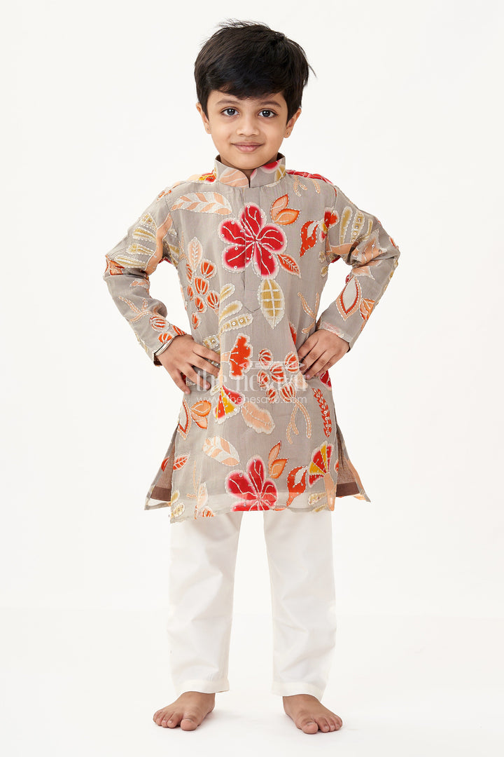 The Nesavu Boys Kurtha Set Ethnic Kurta Set for Boys with Floral Viscose Silk Digital Print and Sequin Embellishment Nesavu 16 (1Y) / Yellow BES691B-16 Nesavu Boys Ethnic Kurta Set Grey Viscose Silk Floral Digital Print Sequin Work