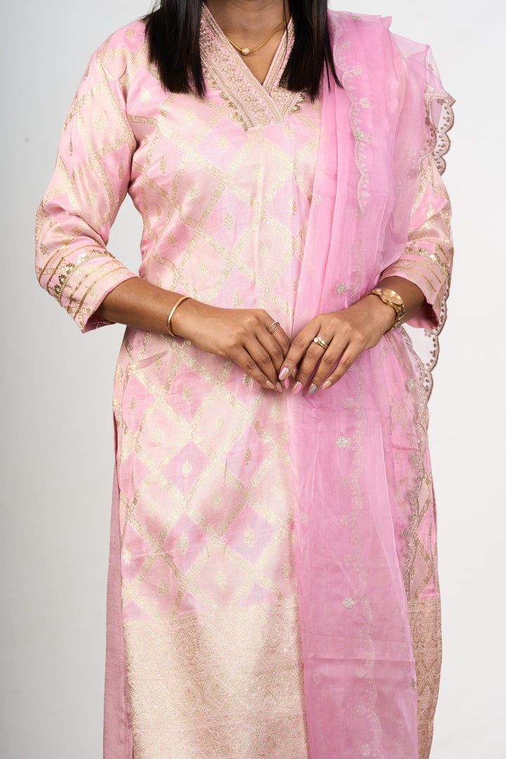 The Nesavu Womens Straight Suit Sets Ethnic Kurta Sets for Wedding in Pink Art Silk with Ornate Gold Accents and Dupatta Nesavu Pink Art Silk Ethnic Kurta Set Gold Motifs Embroidered Dupatta Weddings | The Nesavu