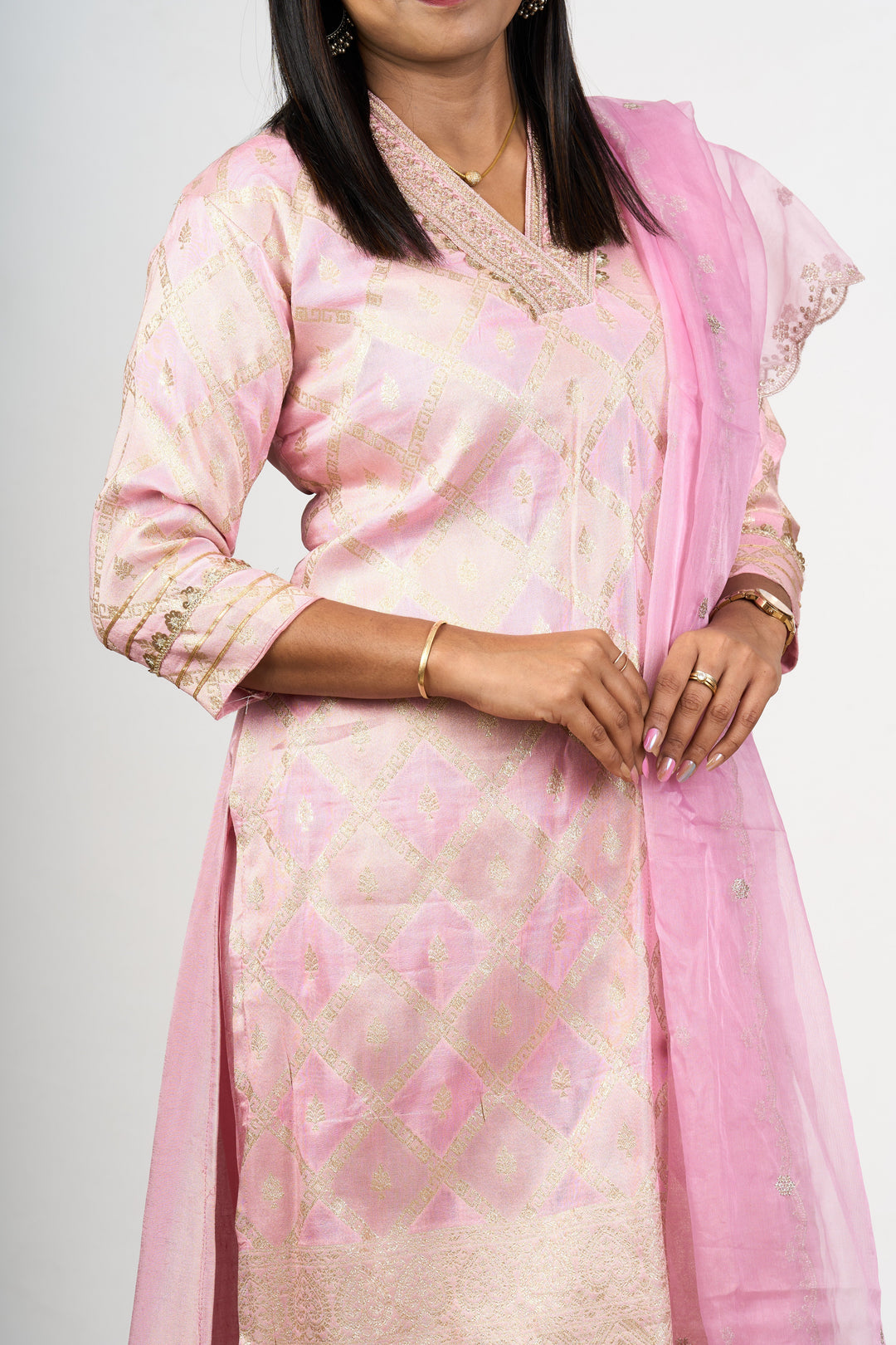 The Nesavu Womens Straight Suit Sets Ethnic Kurta Sets for Wedding in Pink Art Silk with Ornate Gold Accents and Dupatta Nesavu Pink Art Silk Ethnic Kurta Set Gold Motifs Embroidered Dupatta Weddings | The Nesavu