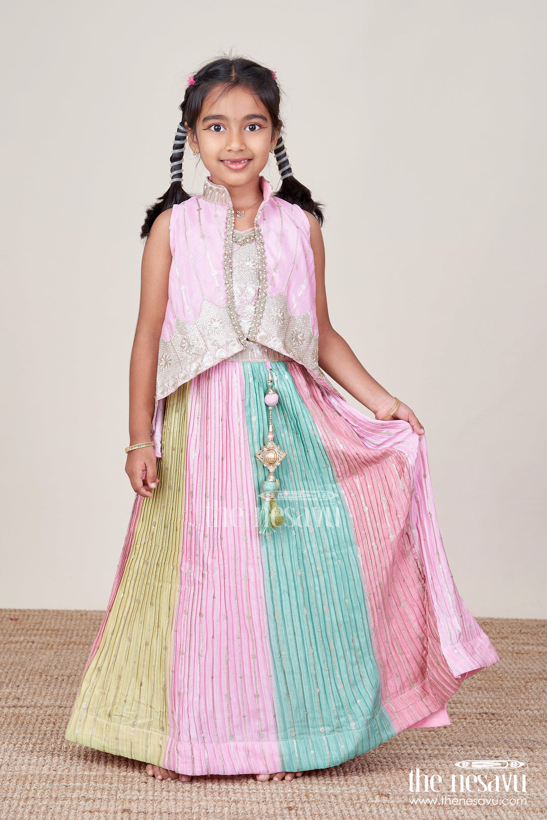 The Nesavu Girls Ethnic Lehenga Ethnic Lehenga Set for Girls with Jacket Top and Festive Flair Nesavu 16 (1Y) / Pink GL835A-16 Nesavu ethnic lehenga set jacket-style top multicolor panel skirt girls festive occasions