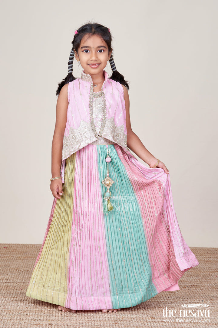 The Nesavu Girls Ethnic Lehenga Ethnic Lehenga Set for Girls with Jacket Top and Festive Flair Nesavu 16 (1Y) / Pink GL835A-16 Nesavu ethnic lehenga set jacket-style top multicolor panel skirt girls festive occasions