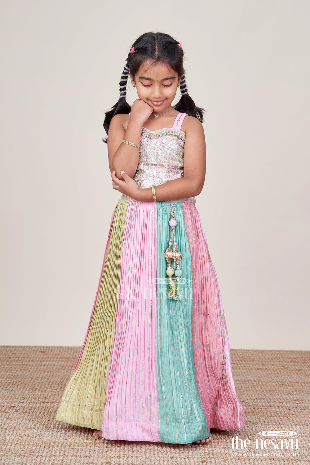 The Nesavu Girls Ethnic Lehenga Ethnic Lehenga Set for Girls with Jacket Top and Festive Flair Nesavu Nesavu ethnic lehenga set jacket-style top multicolor panel skirt girls festive occasions