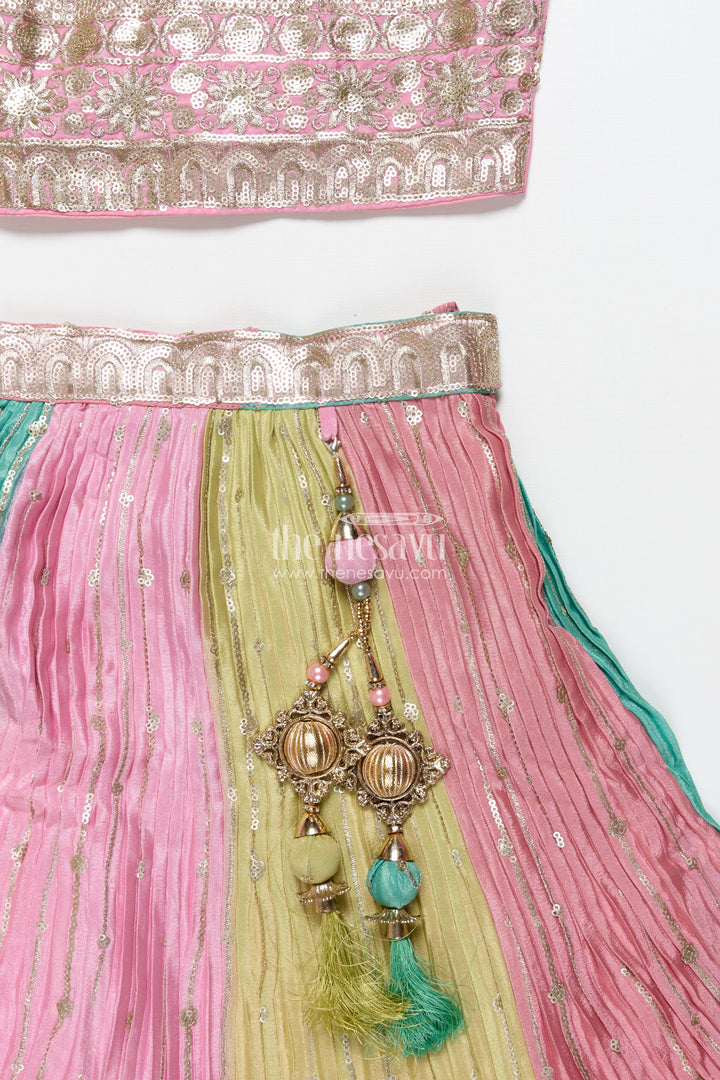 The Nesavu Girls Ethnic Lehenga Ethnic Lehenga Set for Girls with Jacket Top and Festive Flair Nesavu Nesavu ethnic lehenga set jacket-style top multicolor panel skirt girls festive occasions