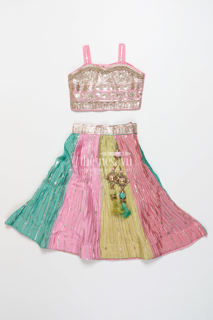 The Nesavu Girls Ethnic Lehenga Ethnic Lehenga Set for Girls with Jacket Top and Festive Flair Nesavu Nesavu ethnic lehenga set jacket-style top multicolor panel skirt girls festive occasions