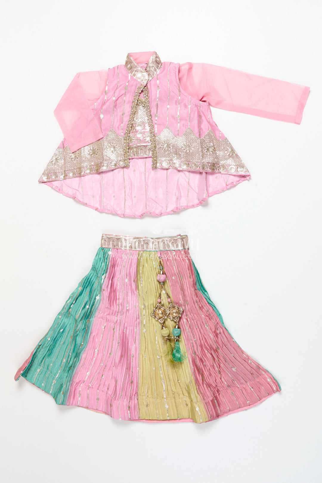 The Nesavu Girls Ethnic Lehenga Ethnic Lehenga Set for Girls with Jacket Top and Festive Flair Nesavu Nesavu ethnic lehenga set jacket-style top multicolor panel skirt girls festive occasions