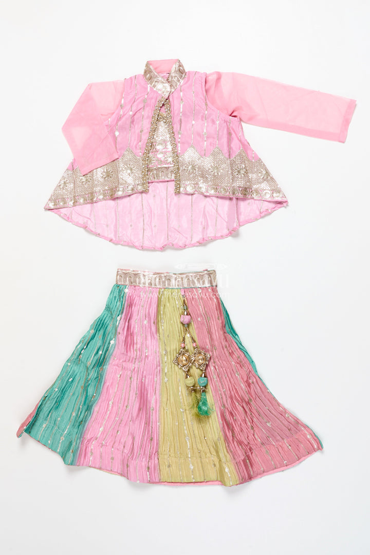 The Nesavu Girls Ethnic Lehenga Ethnic Lehenga Set for Girls with Jacket Top and Festive Flair Nesavu Nesavu ethnic lehenga set jacket-style top multicolor panel skirt girls festive occasions