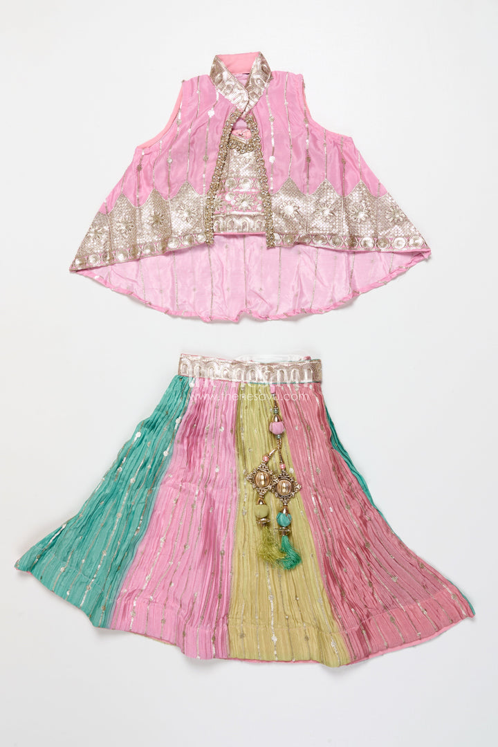 The Nesavu Girls Ethnic Lehenga Ethnic Lehenga Set for Girls with Jacket Top and Festive Flair Nesavu Nesavu ethnic lehenga set jacket-style top multicolor panel skirt girls festive occasions