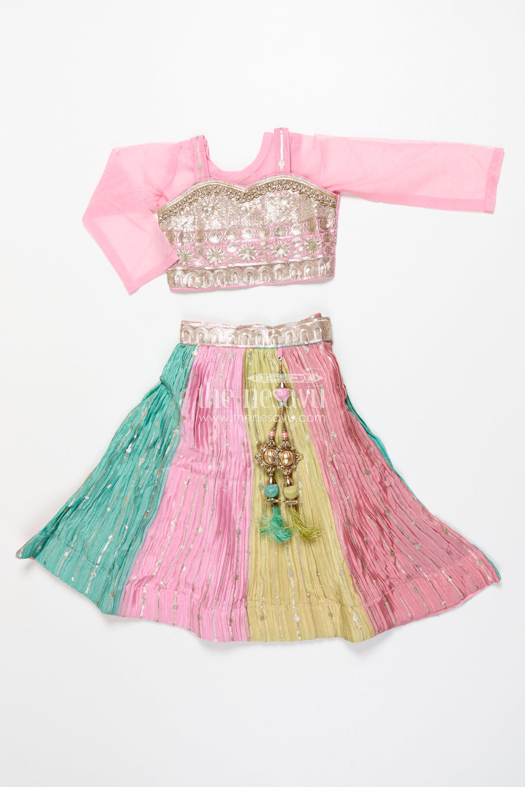 The Nesavu Girls Ethnic Lehenga Ethnic Lehenga Set for Girls with Jacket Top and Festive Flair Nesavu Nesavu ethnic lehenga set jacket-style top multicolor panel skirt girls festive occasions