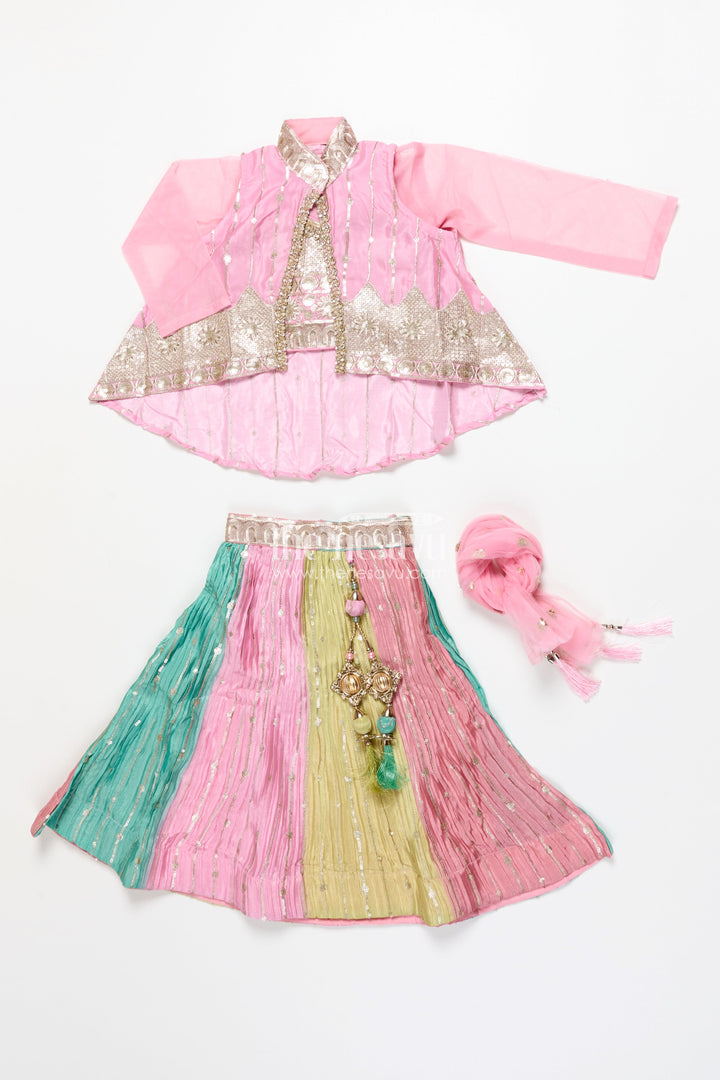 The Nesavu Girls Ethnic Lehenga Ethnic Lehenga Set for Girls with Jacket Top and Festive Flair Nesavu Nesavu ethnic lehenga set jacket-style top multicolor panel skirt girls festive occasions
