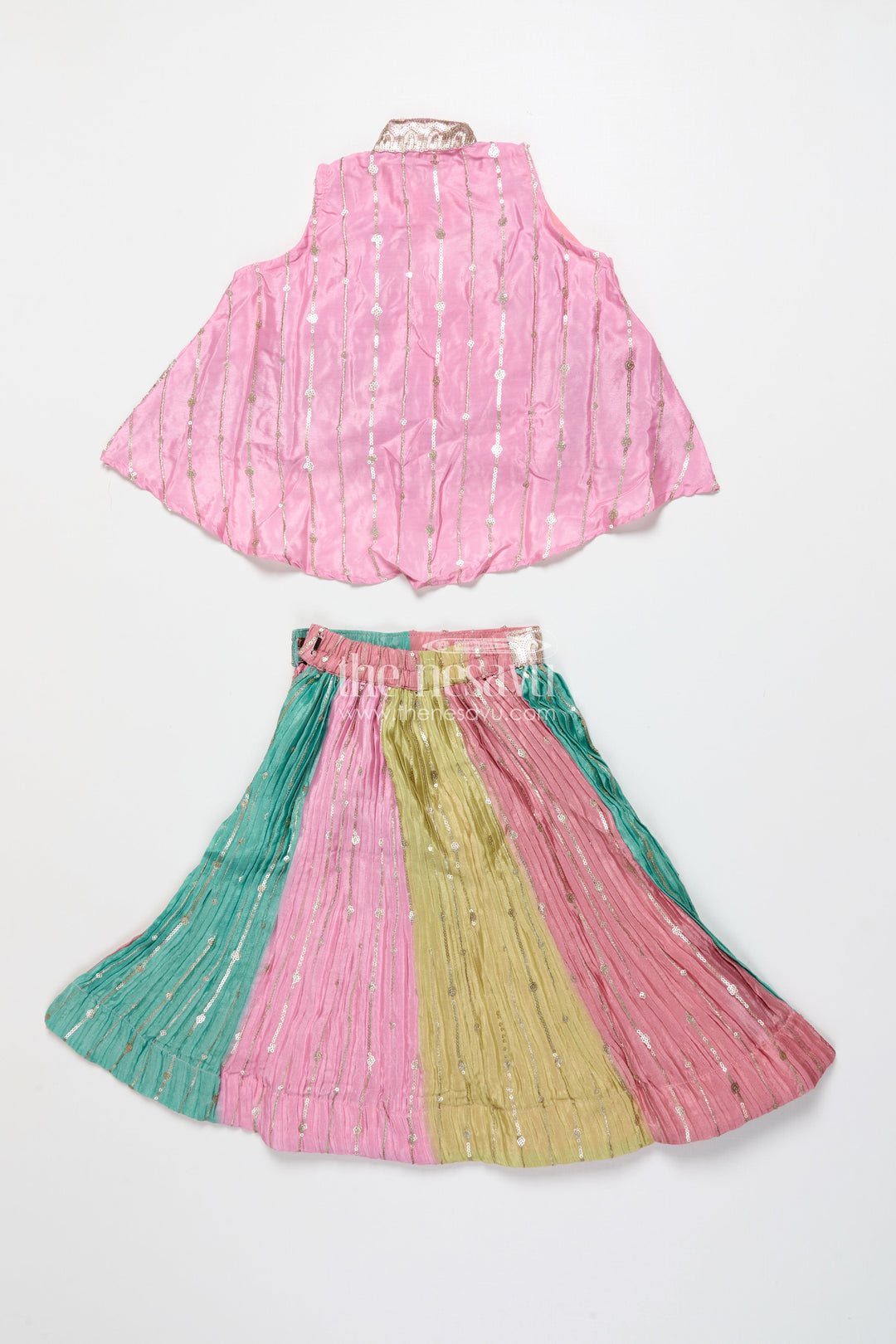 The Nesavu Girls Ethnic Lehenga Ethnic Lehenga Set for Girls with Jacket Top and Festive Flair Nesavu Nesavu ethnic lehenga set jacket-style top multicolor panel skirt girls festive occasions
