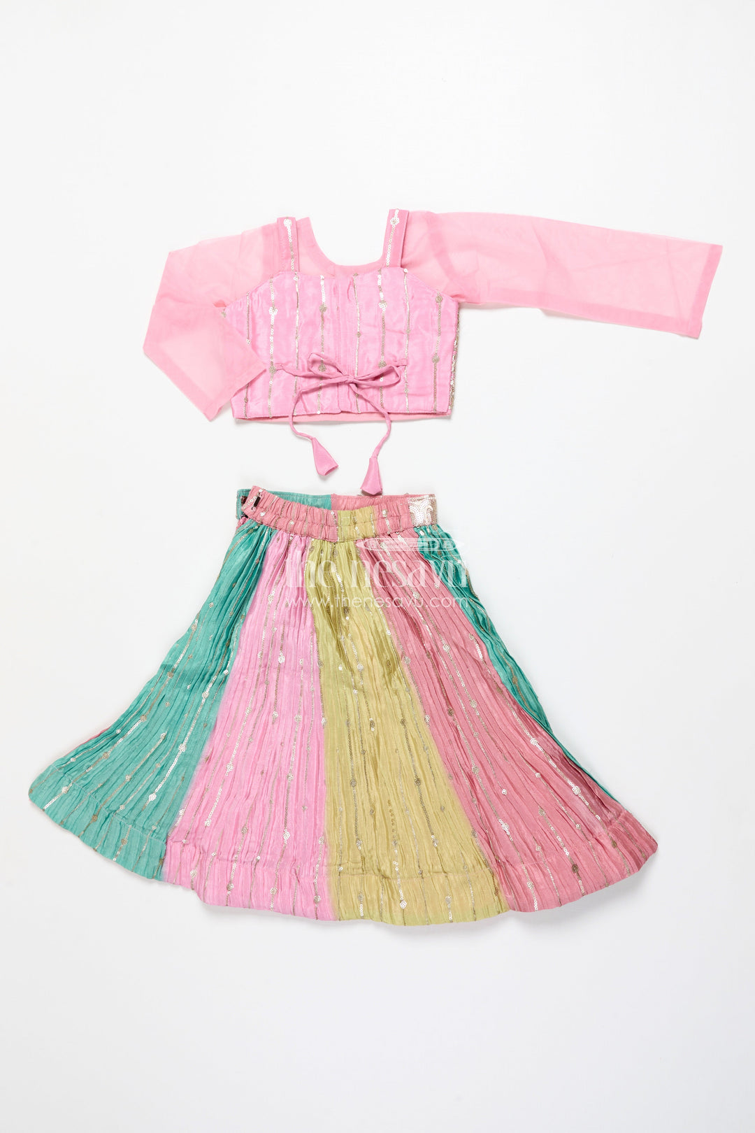 The Nesavu Girls Ethnic Lehenga Ethnic Lehenga Set for Girls with Jacket Top and Festive Flair Nesavu Nesavu ethnic lehenga set jacket-style top multicolor panel skirt girls festive occasions