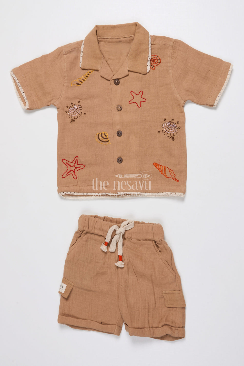 The Nesavu Boys Casual Set Ethnic Muslin Cotton Casual Short Set for Boys with Thread Embroidery Nesavu 16 (1Y) / Brown BCS489B-16 Nesavu boys muslin cotton short set ethnic embroidery  casual festive wear