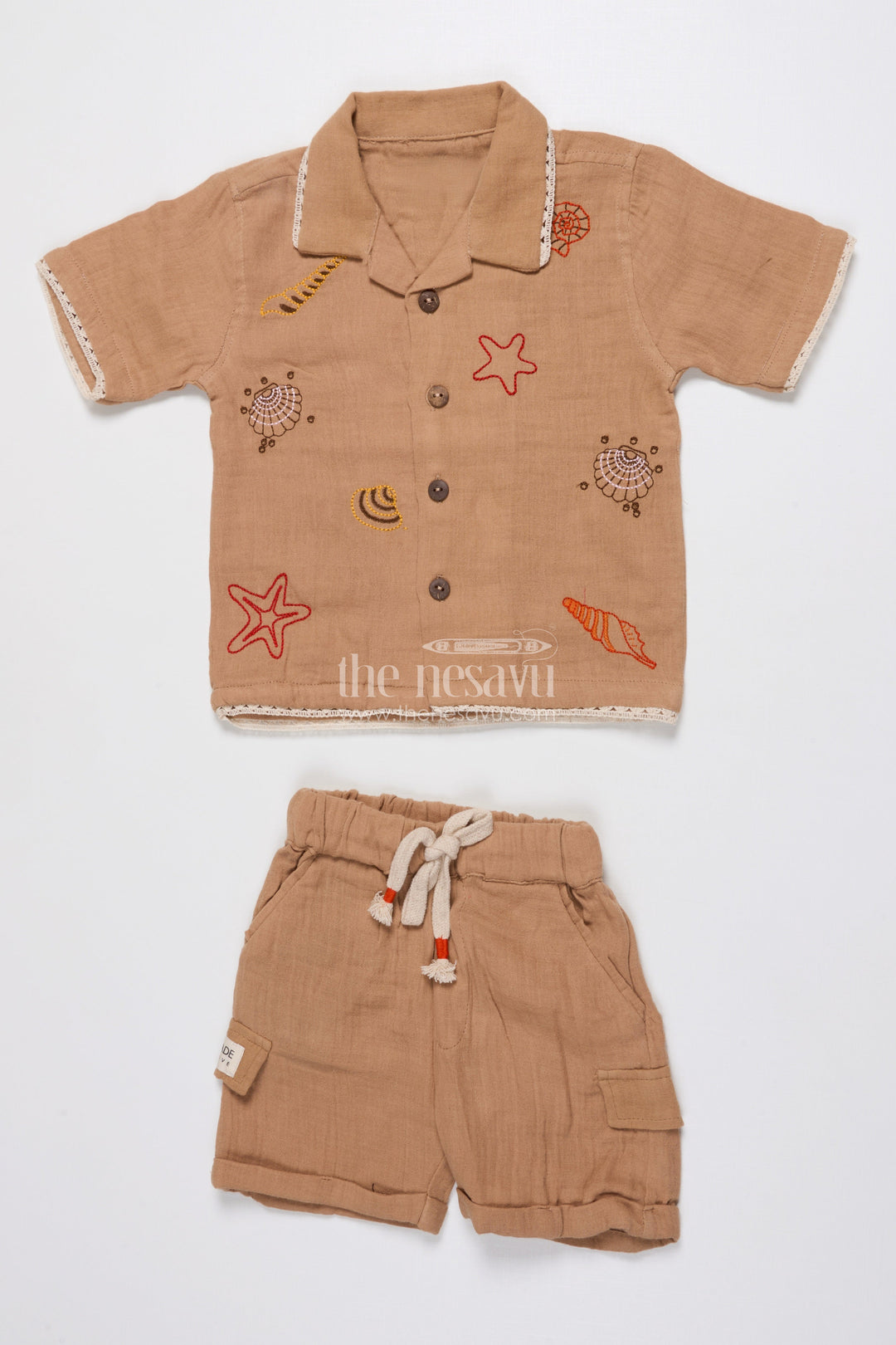 The Nesavu Boys Casual Set Ethnic Muslin Cotton Casual Short Set for Boys with Thread Embroidery Nesavu 16 (1Y) / Brown BCS489B-16 Nesavu boys muslin cotton short set ethnic embroidery  casual festive wear