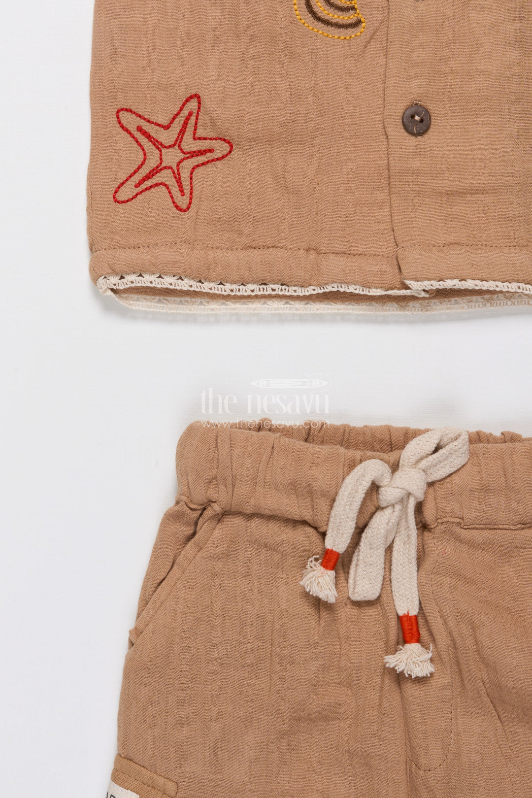 The Nesavu Boys Casual Set Ethnic Muslin Cotton Casual Short Set for Boys with Thread Embroidery Nesavu Nesavu boys muslin cotton short set ethnic embroidery  casual festive wear
