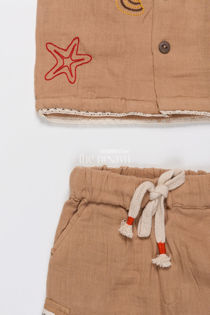 The Nesavu Boys Casual Set Ethnic Muslin Cotton Casual Short Set for Boys with Thread Embroidery Nesavu Nesavu boys muslin cotton short set ethnic embroidery  casual festive wear