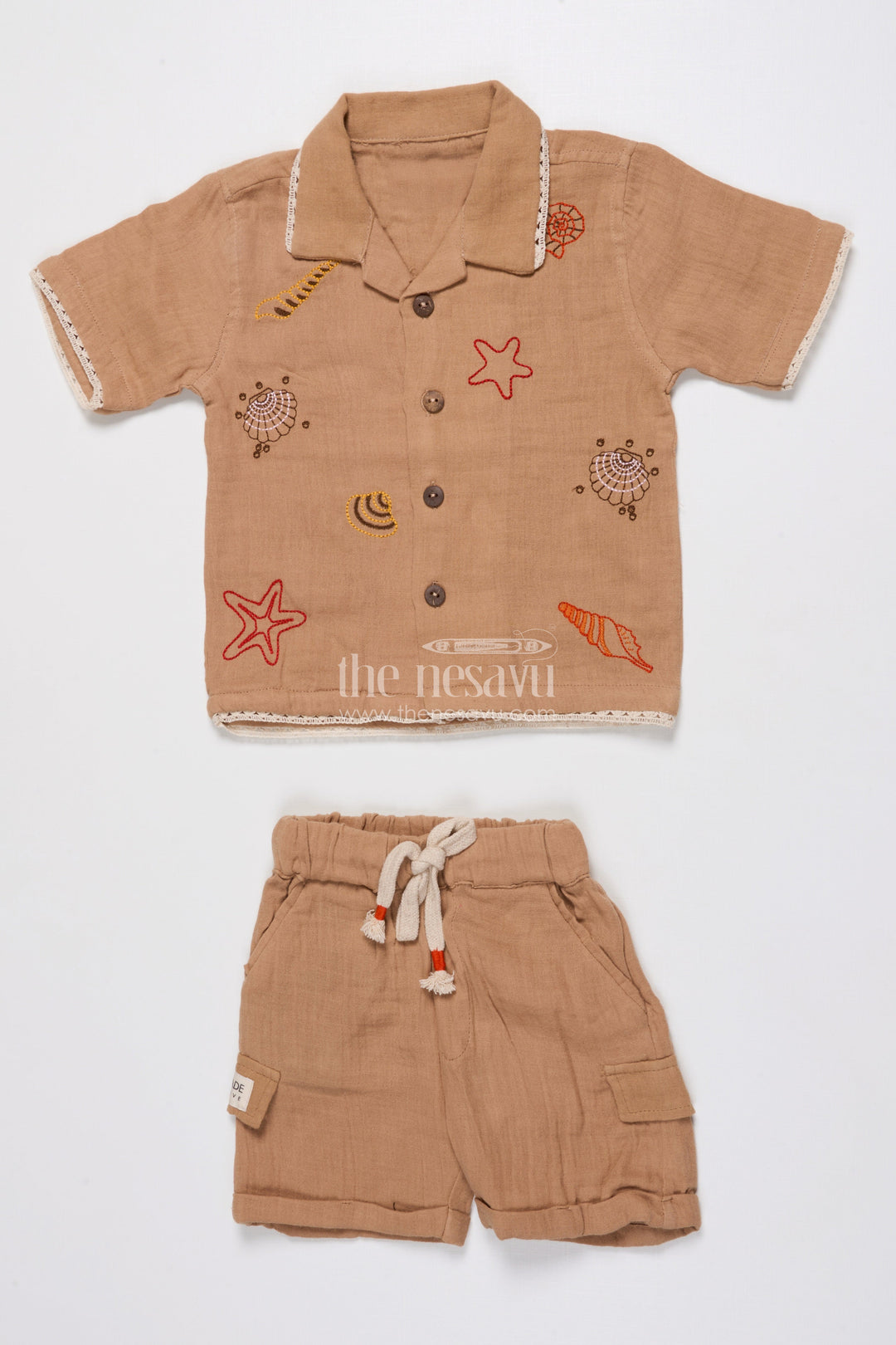 The Nesavu Boys Casual Set Ethnic Muslin Cotton Casual Short Set for Boys with Thread Embroidery Nesavu Nesavu boys muslin cotton short set ethnic embroidery  casual festive wear