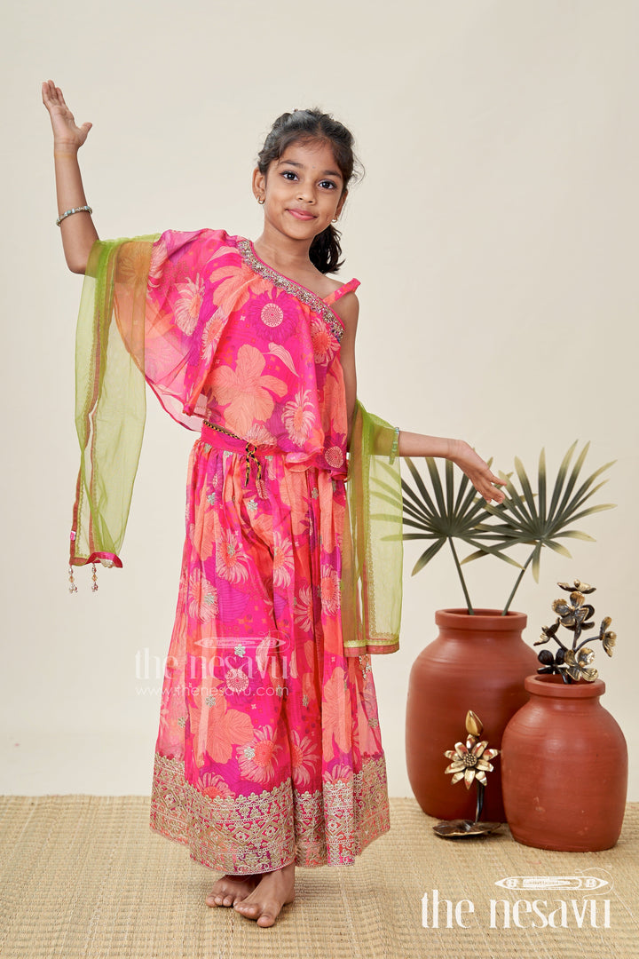 The Nesavu Girls Sharara / Plazo Set Ethnic Palazzo Pants Set for Girls Contemporary Style Printed Celebration Wear Nesavu 24 (5Y) / Pink GPS658A-24 Nesavu Traditional Contemporary Ethnic Palazzos Girls Georgette Digital Print Festive Vibes