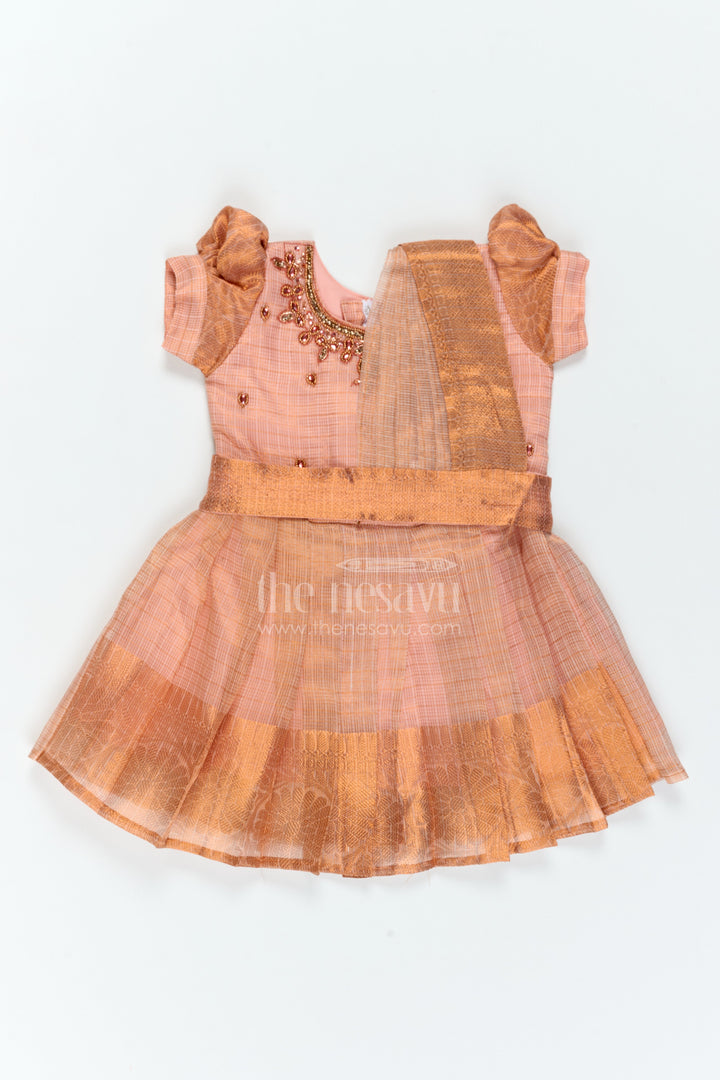 The Nesavu Silk Party Frock Ethnic Party Frock for Girls in Peach for Celebrations and Photos Nesavu 18 (2Y) / Peach / Silk Blend SF1220A-18 Nesavu Ethnic Party Frock For Girls With Statement Border For Weddings SF1220A-18