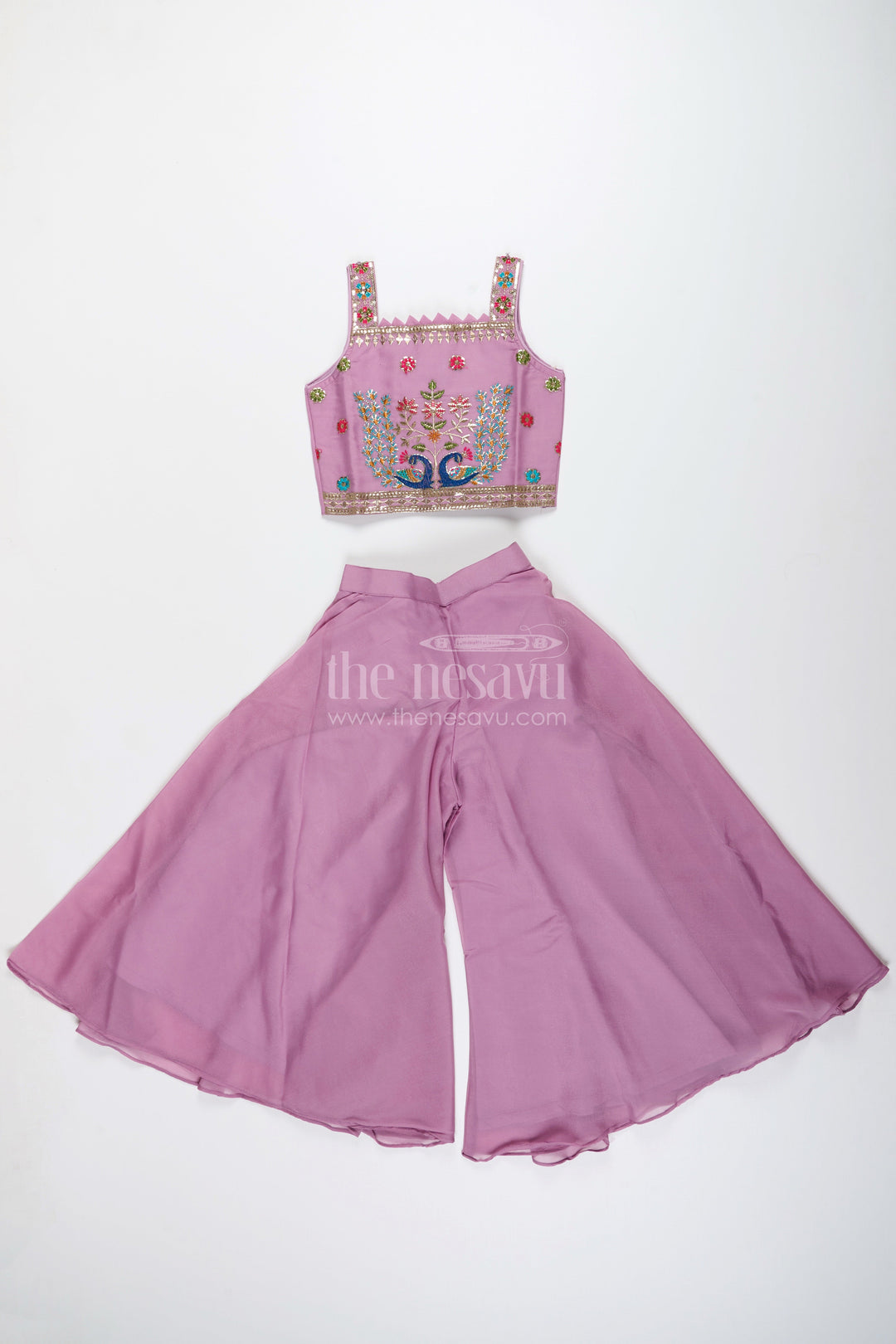 The Nesavu Girls Sharara / Plazo Set Ethnic plazo set with peacock-embroidered crop top – festive outfit for toddlers Nesavu 26 (6Y) / Purple GPS746B-26 Peacock embroidery plazo set girls  Nesavu ethnic wear kids
