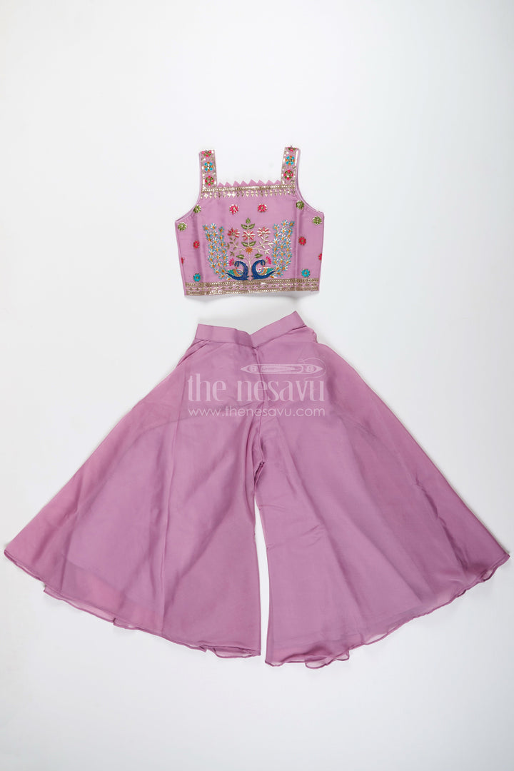 The Nesavu Girls Sharara / Plazo Set Ethnic plazo set with peacock-embroidered crop top – festive outfit for toddlers Nesavu 26 (6Y) / Purple GPS746B-26 Peacock embroidery plazo set girls  Nesavu ethnic wear kids