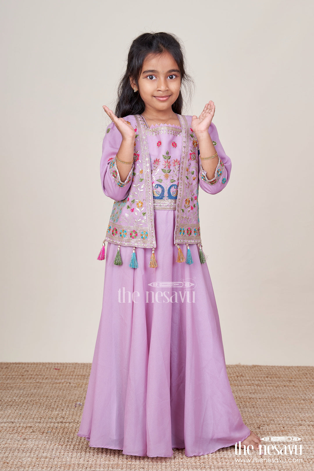 The Nesavu Girls Sharara / Plazo Set Ethnic Plazo Set with Peacock-Embroidered Crop Top Festive Outfit for Toddlers Nesavu 26 (6Y) / Purple GPS746B-26 Peacock embroidery plazo set girls  Nesavu ethnic wear kids
