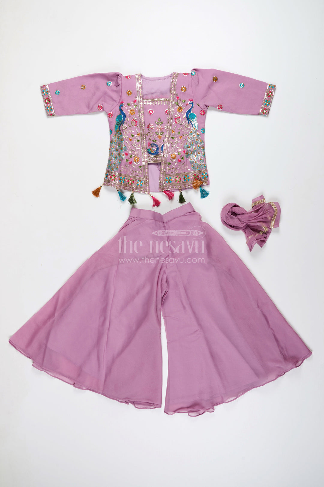 The Nesavu Girls Sharara / Plazo Set Ethnic plazo set with peacock-embroidered crop top – festive outfit for toddlers Nesavu Peacock embroidery plazo set girls  Nesavu ethnic wear kids