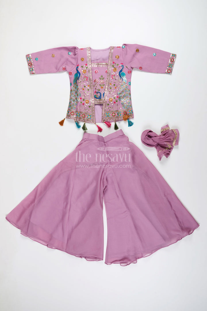 The Nesavu Girls Sharara / Plazo Set Ethnic plazo set with peacock-embroidered crop top – festive outfit for toddlers Nesavu Peacock embroidery plazo set girls  Nesavu ethnic wear kids