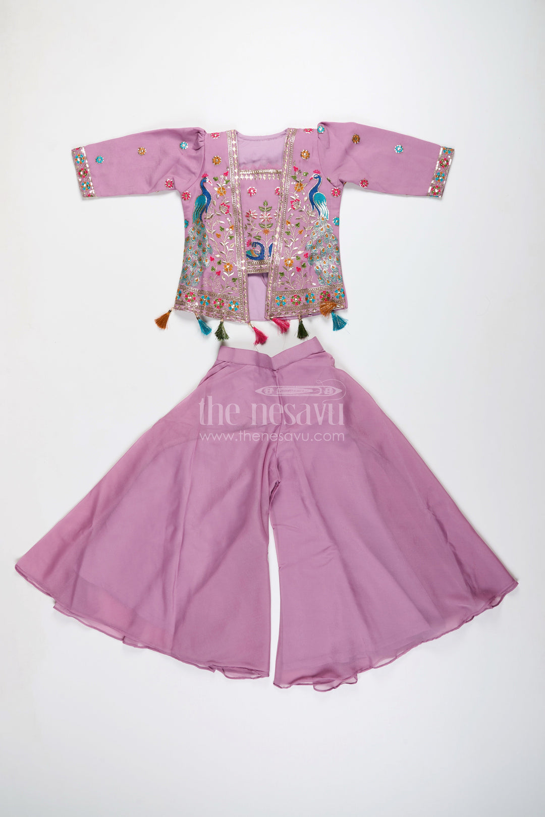 The Nesavu Girls Sharara / Plazo Set Ethnic plazo set with peacock-embroidered crop top – festive outfit for toddlers Nesavu Peacock embroidery plazo set girls  Nesavu ethnic wear kids