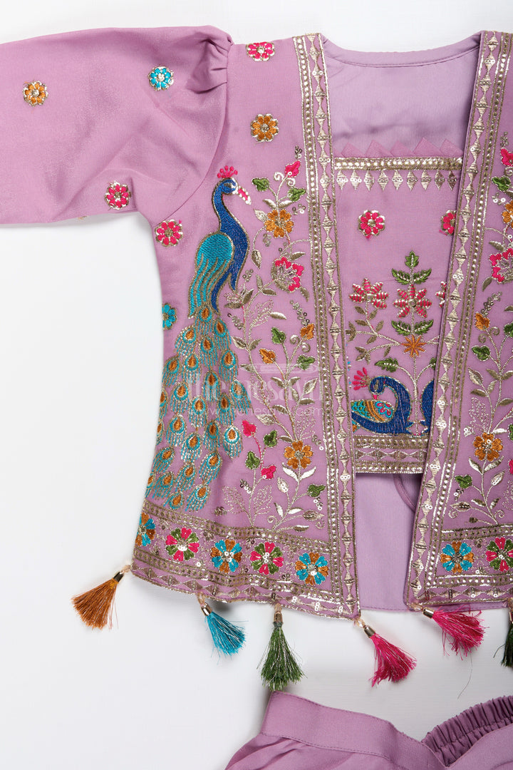 The Nesavu Girls Sharara / Plazo Set Ethnic plazo set with peacock-embroidered crop top – festive outfit for toddlers Nesavu Peacock embroidery plazo set girls  Nesavu ethnic wear kids