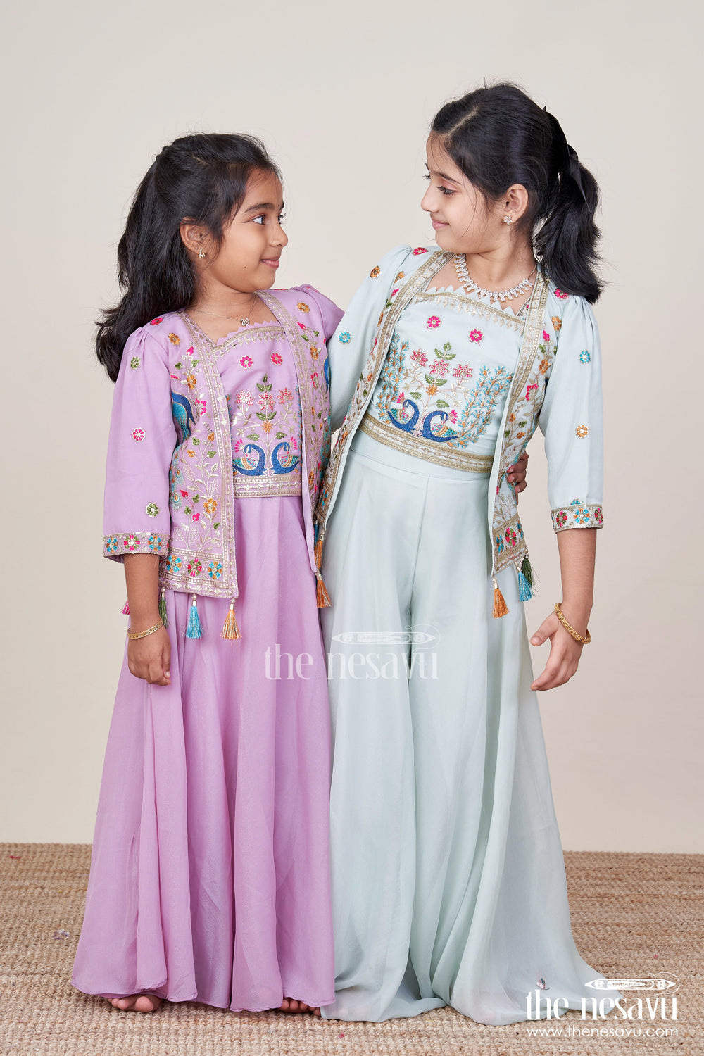 The Nesavu Girls Sharara / Plazo Set Ethnic Plazo Set with Peacock-Embroidered Crop Top Festive Outfit for Toddlers Nesavu Peacock embroidery plazo set girls  Nesavu ethnic wear kids