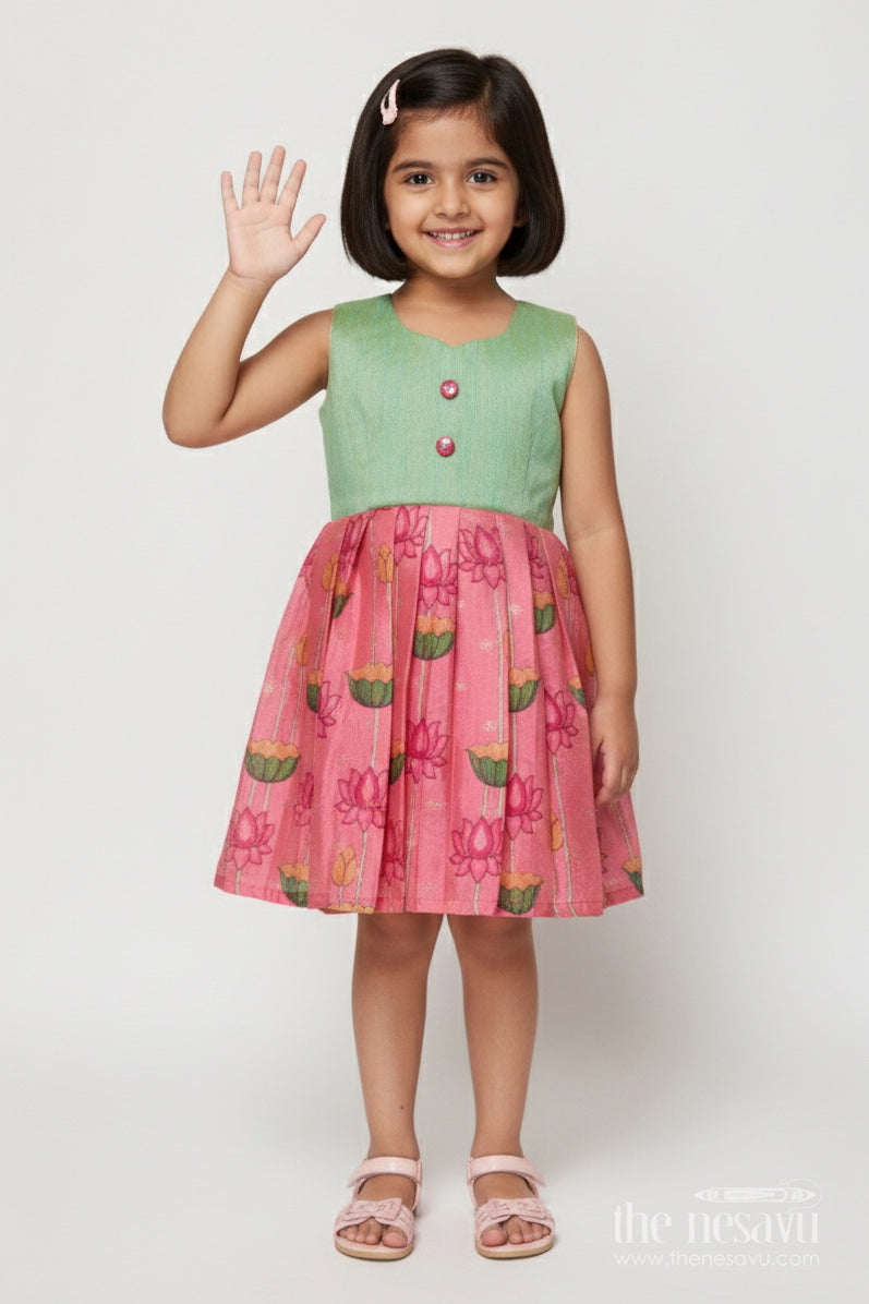 The Nesavu Silk Frock Ethnic Silk Frock for Baby Girl for Festive Wear and Birthday Dressing Nesavu 18 (2Y) / Green SF1094A-18 Nesavu baby girl ethnic silk frock with floral lotus print and raw silk yoke for birthdays and poojas