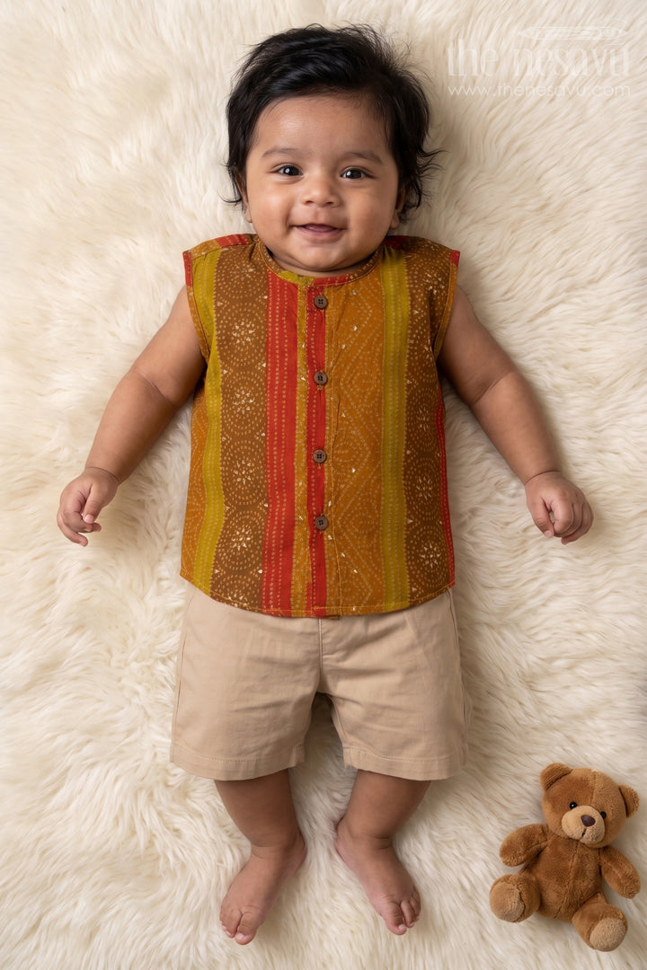 The Nesavu Baby Jablas Ethnic Stripe Jabla for Babies – Ideal for Everyday Wear and Traditional Gatherings Nesavu 10 (NB) / Yellow / Viscose Silk IF043B-10 Nesavu ethnic baby jabla in modal silk with festive stripes – perfect for comfort and daily use
