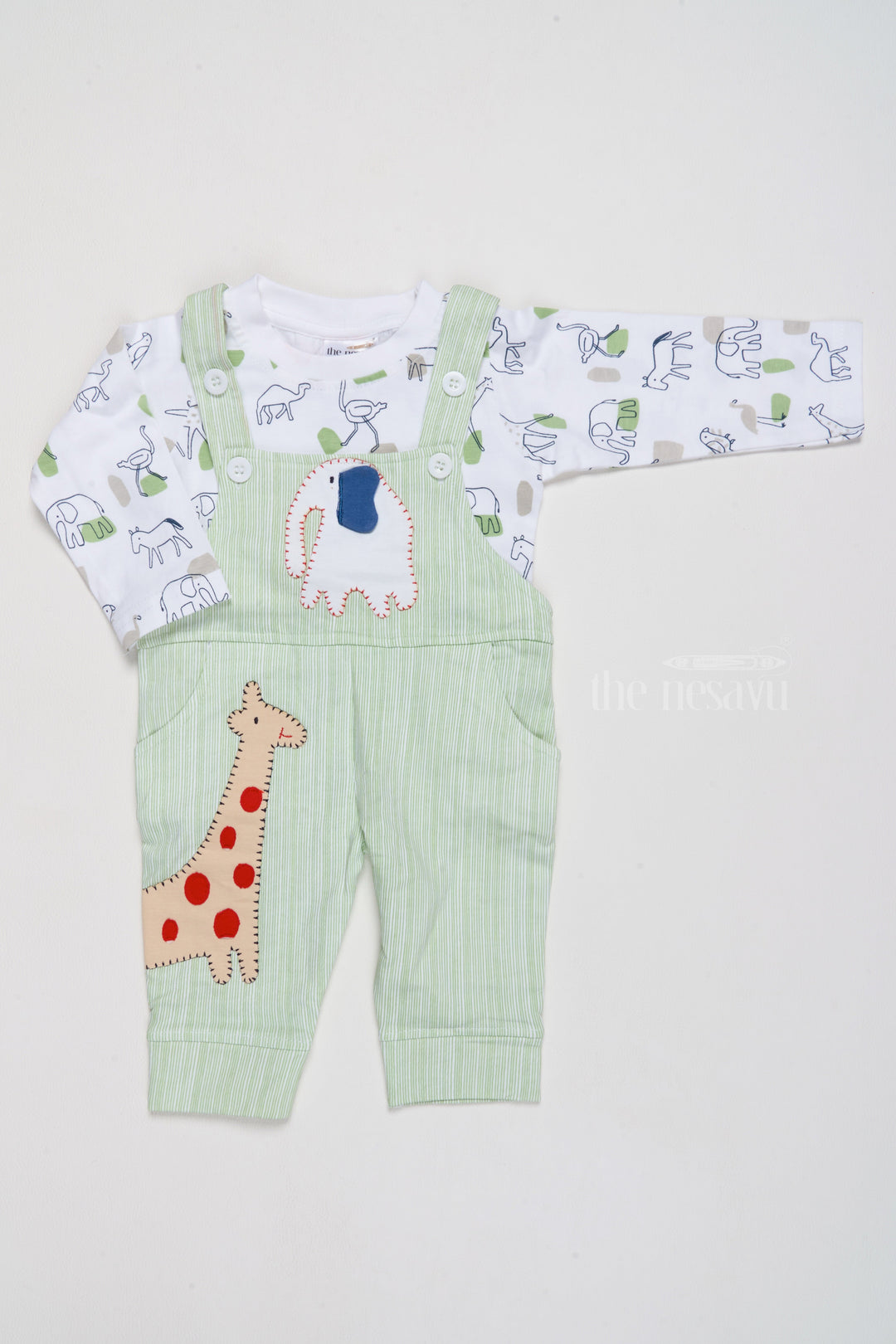 The Nesavu Baby Casual Sets Ethnic Wear for Newborns Cotton Green Romper with Giraffe Applique and Printed Shirt Nesavu 14 (6M) / Green BCS176A-14 Ethnic Wear Newborns Cotton Green Romper Giraffe Applique | The Nesavu