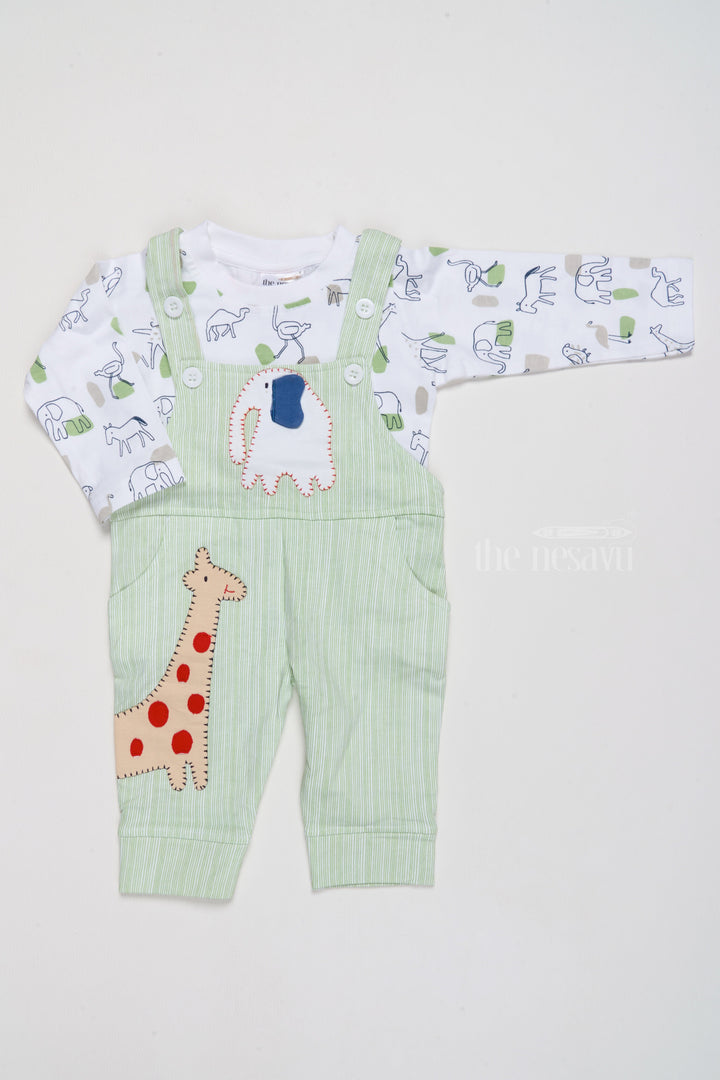 The Nesavu Baby Casual Sets Ethnic Wear for Newborns Cotton Green Romper with Giraffe Applique and Printed Shirt Nesavu 14 (6M) / Green BCS176A-14 Ethnic Wear Newborns Cotton Green Romper Giraffe Applique | The Nesavu