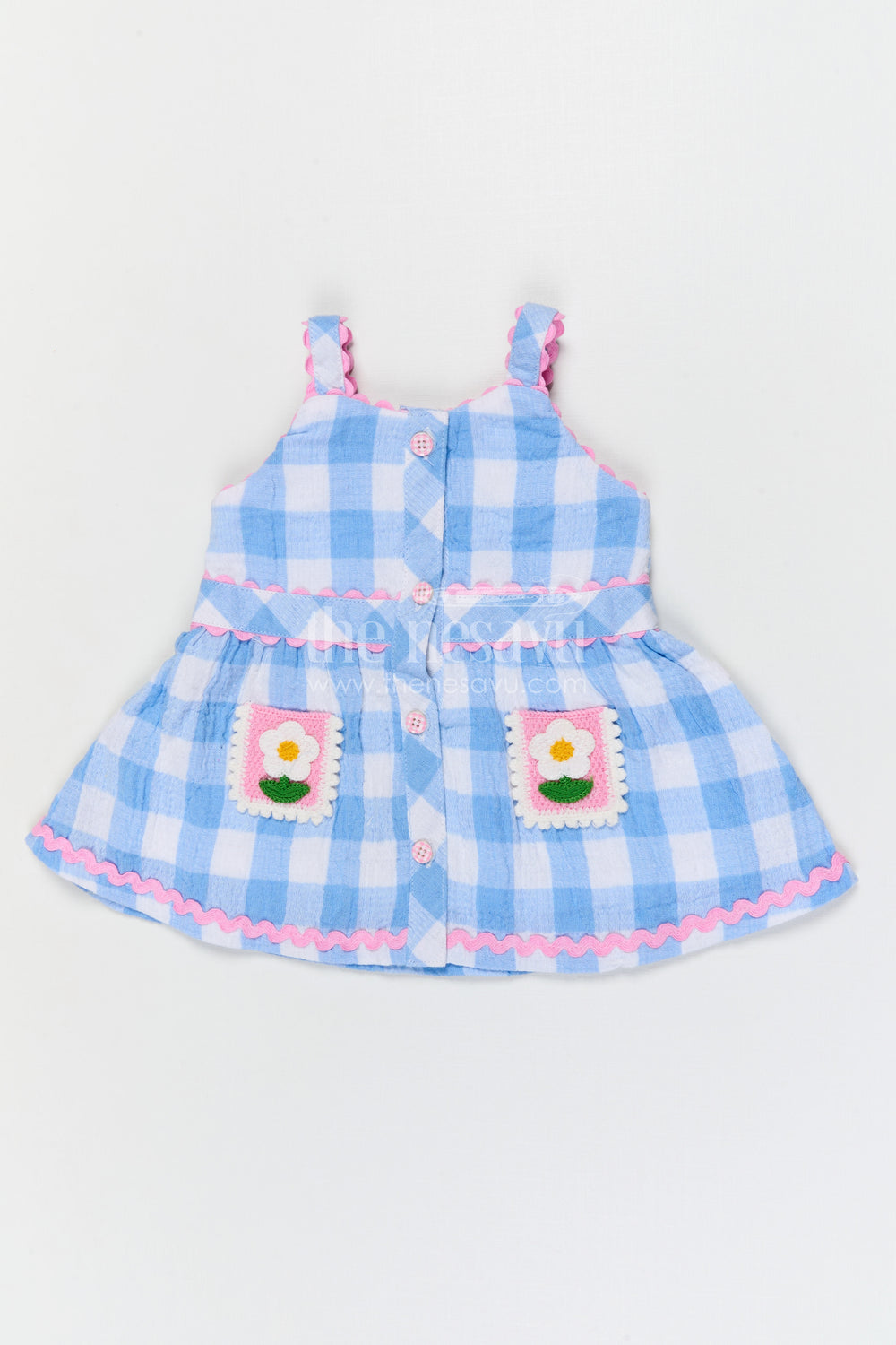 The Nesavu Baby Frocks Everyday Comfort Cotton Dress for Little Girls Nesavu 14 (6M) / Blue / Muslin Cotton BFJ952B-14 Nesavu baby girl muslin cotton frock with checked design for summer outings and daily wear