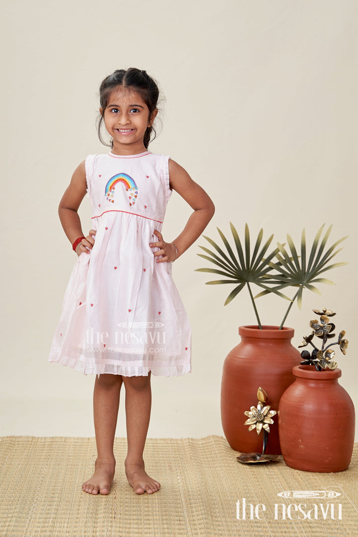 The Nesavu Girls Chanderi Frock Everyday Ethnic Frock for Girls Chanderi Party Style Nesavu Nesavu Girls Pink Chanderi Cotton Party Frock Rainbow Embroidery Heart Motifs Festive Style