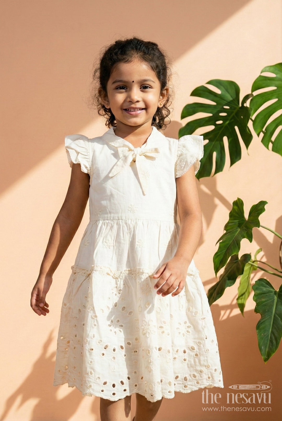 The Nesavu Girls Fancy Frock Everyday Floral Frock for Toddler Girls Comfortable & Cute Nesavu 20 (3Y) / Half white GFC1821A-20 Nesavu Everyday Floral Frock Toddlers Girls Lightweight Hakoba Fabric Puff Sleeves