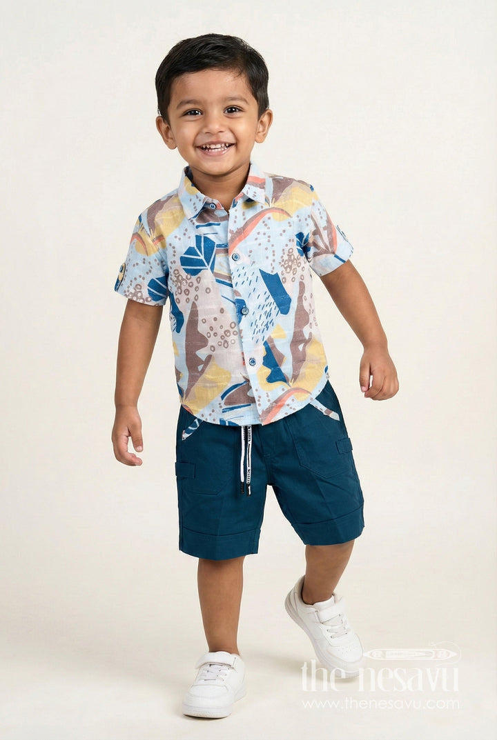 The Nesavu Boys Casual Set Explorer Shirt and Shorts Set for Baby Boys Nesavu 16 (1Y) / Multicolor BCS350A-16 Nesavu Cotton Explorer Outfit Baby Boys Colorful Print Shirt Navy Shorts