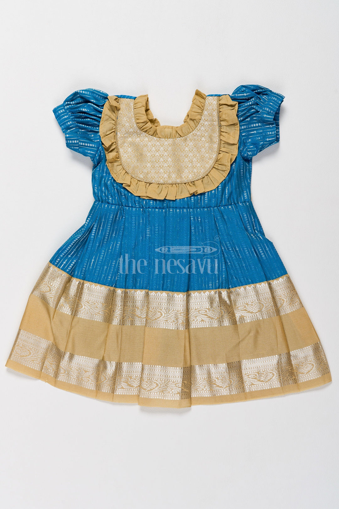 The Nesavu Girls Kanchi Silk Frock Exquisite Blue and Gold Kanchi Silk Frock for Girls’ Pongal Celebrations Nesavu 14 (6M) / Blue / Style 1 SF821AA-14 Festive Blue Gold Kanchi Silk Frock Girls Pongal Traditions Nesavu