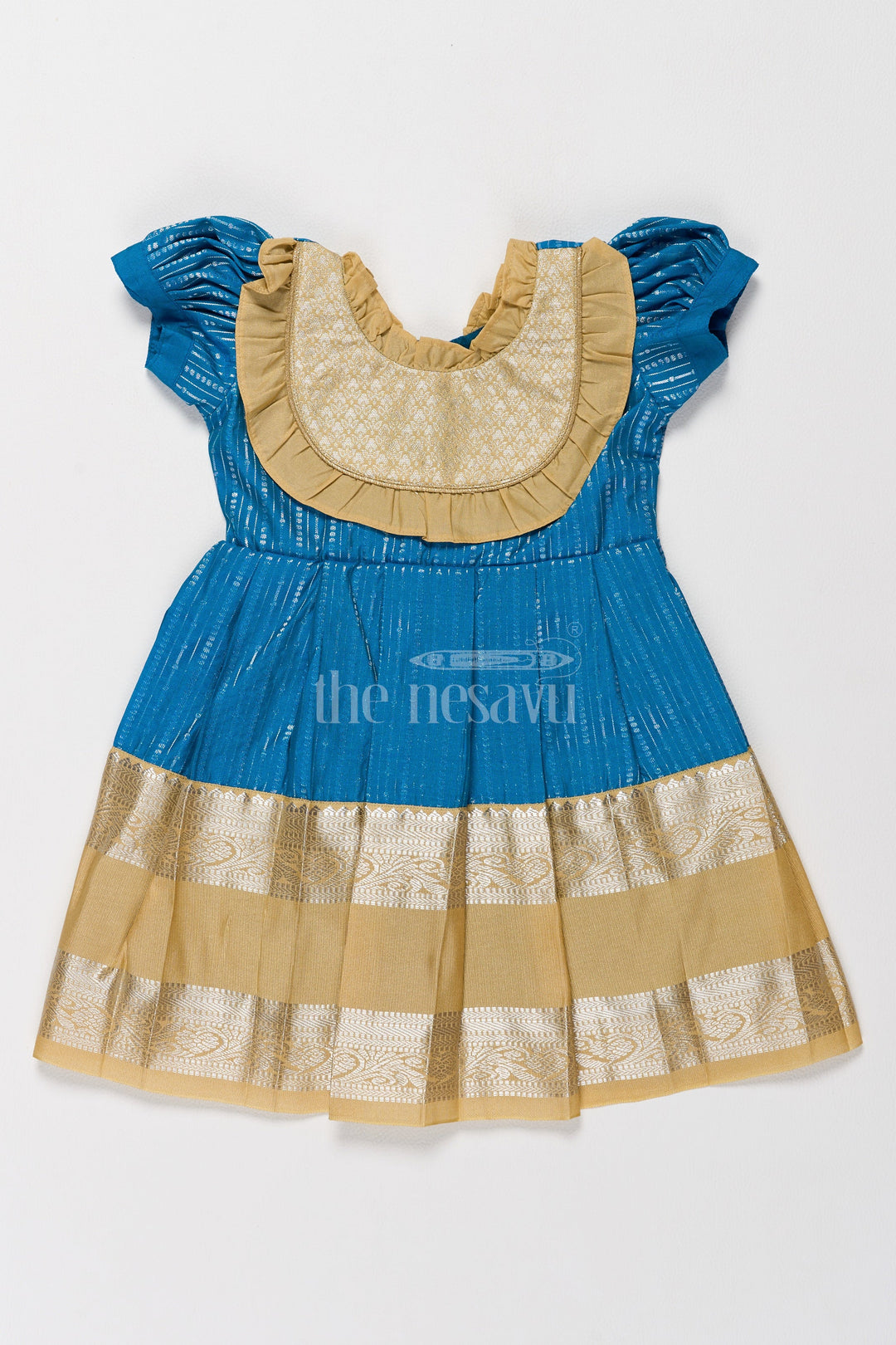 The Nesavu Girls Kanchi Silk Frock Exquisite Blue and Gold Kanchi Silk Frock for Girls’ Pongal Celebrations Nesavu 14 (6M) / Blue / Style 2 SF821AB-14 Festive Blue Gold Kanchi Silk Frock Girls Pongal Traditions Nesavu