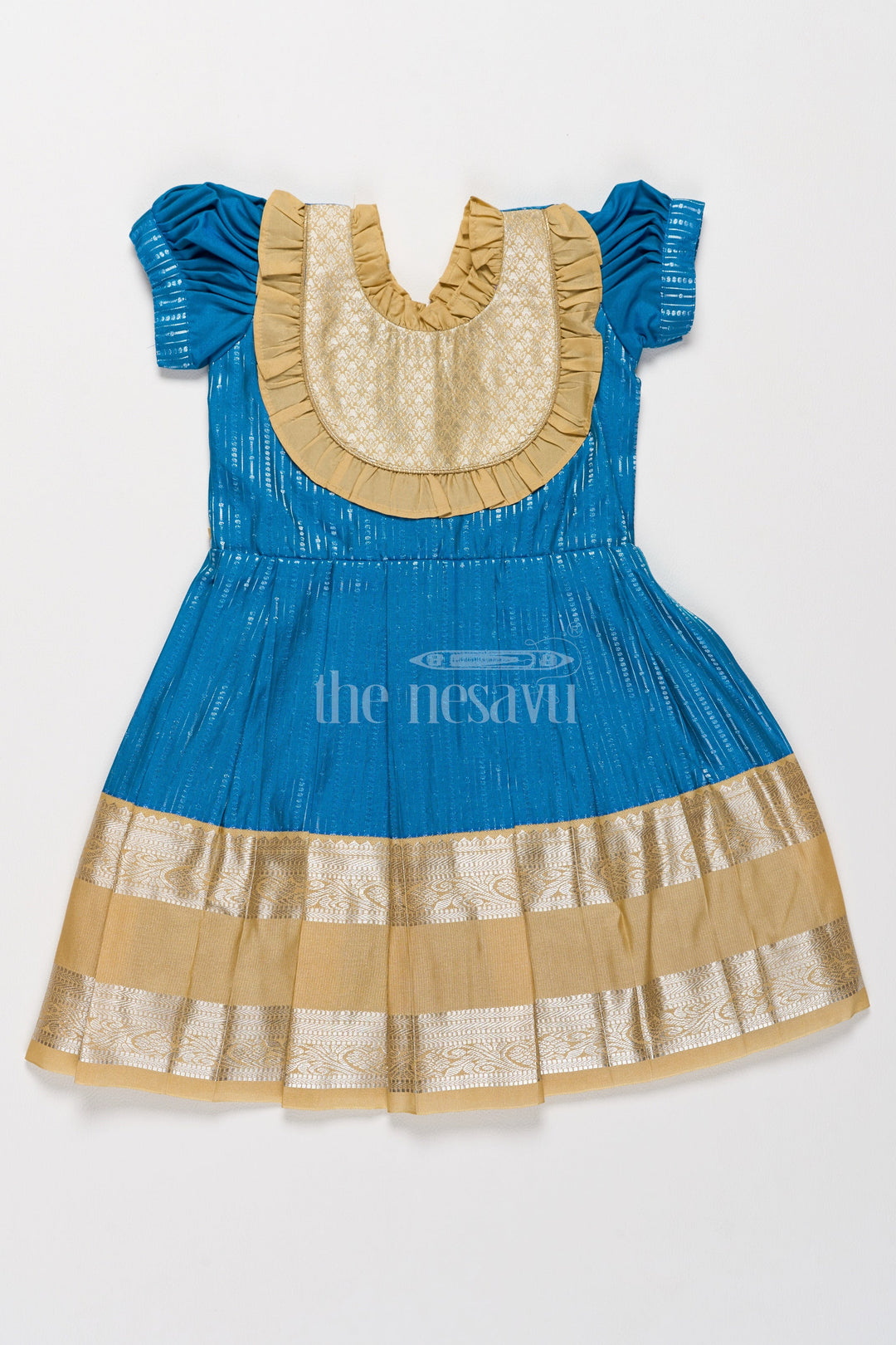 The Nesavu Girls Kanchi Silk Frock Exquisite Blue and Gold Kanchi Silk Frock for Girls’ Pongal Celebrations Nesavu 14 (6M) / Blue / Style 3 SF821AC-14 Festive Blue Gold Kanchi Silk Frock Girls Pongal Traditions Nesavu