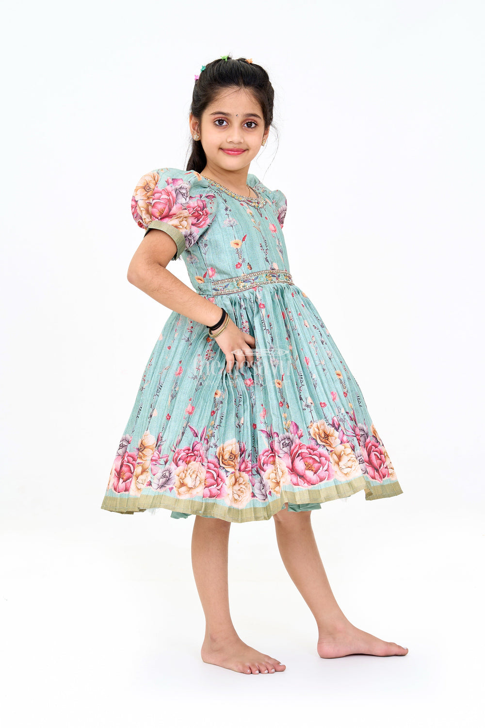 The Nesavu Silk Party Frock Exquisite Evening Party Frocks for Girls with Floral Prints and Embellished Neckline Nesavu Nesavu Evening Party Frock Girls Silk Floral Prints Elegant Embellishments